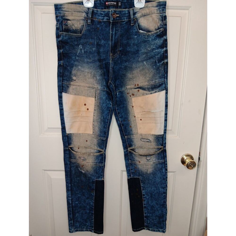 SouthPole Jeans Y2K Patchwork Distressed Paint Stained Denim Skinny 36x32 EUC